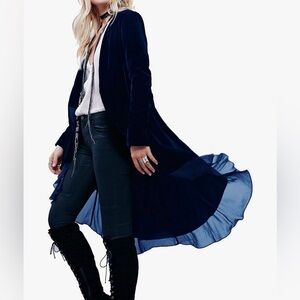 R. Vivimos Blue Velvet 💙 Duster with Sheer Chiffon Hem in 💙 Navy NWT ✨